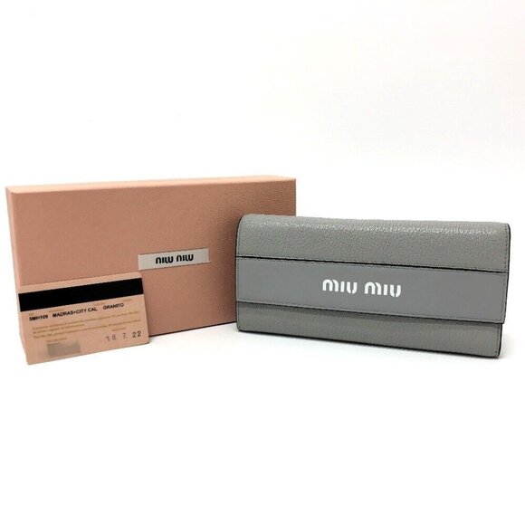 MIUMIU logo Wallet Bifold Long Wallet Leather gray/Black/SilverHardware - Picture 1 of 16